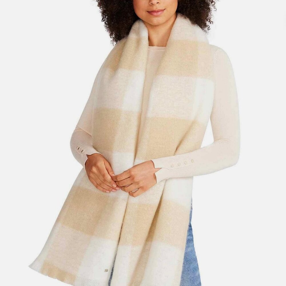 NWT Steve Madden Tan Cream Check Soft Blanket Oversized Large Scarf OS